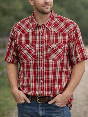 OLD NAVY Red Plaid Cotton XXL Men's Button-Down Short Sleeve Casual Shirt